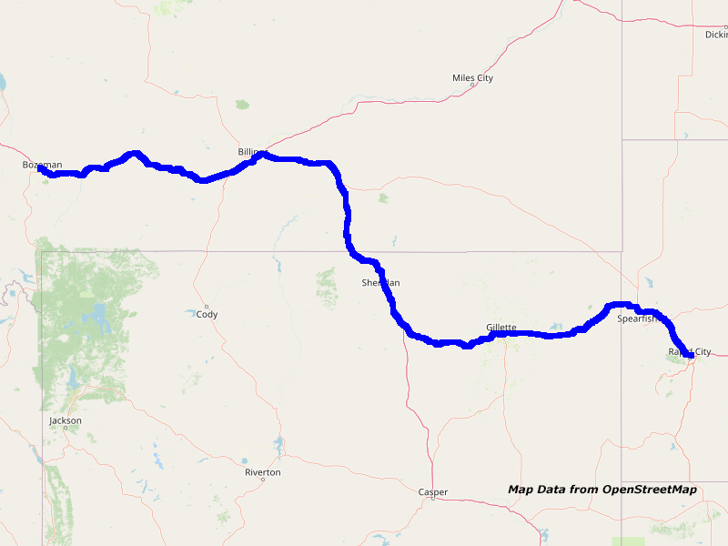 Karte Bozeman nach Rapid City