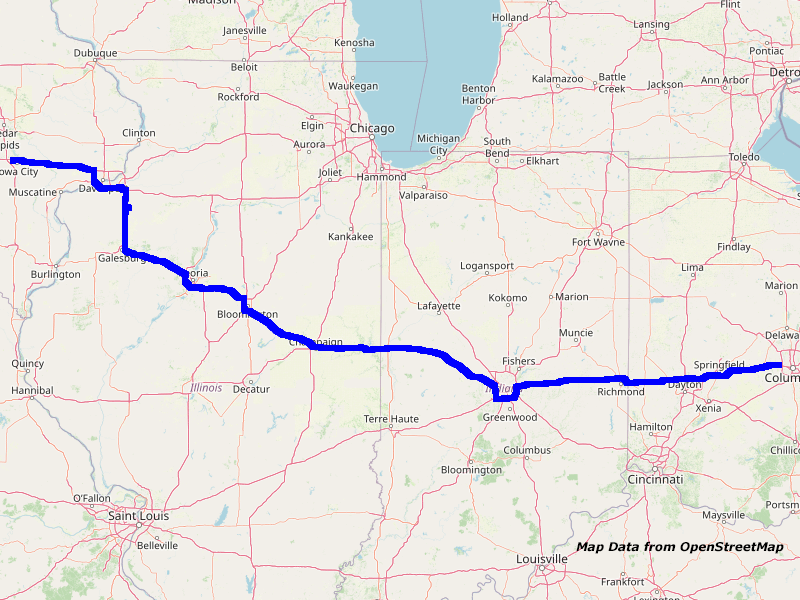 Karte Columbus nach Iowa City