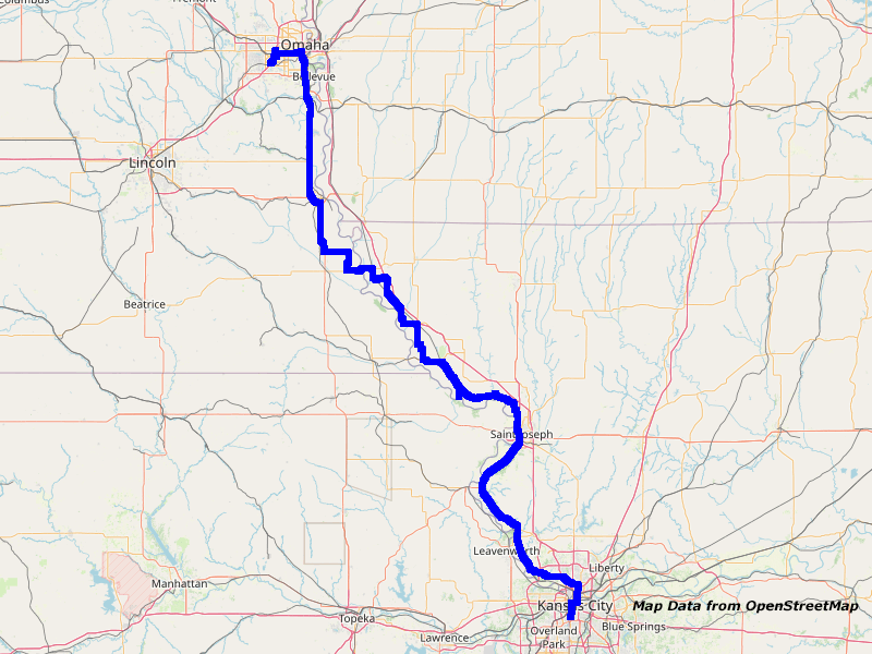 Map Kansas City to Omaha